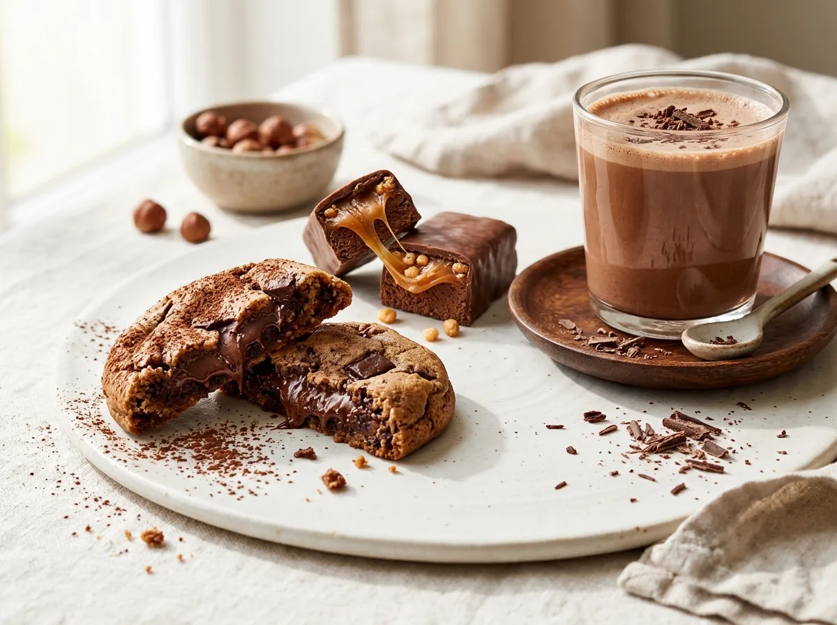 A protein cookie and chocolate bar broken open on a plate