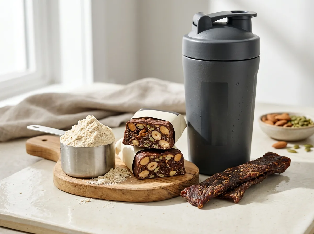 A stack of high-protein bars and snacks on a bright warm surface