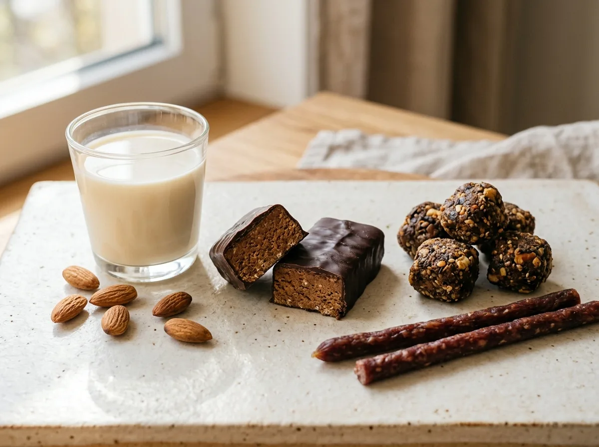 Low-sugar protein snacks and a drink on a bright warm surface