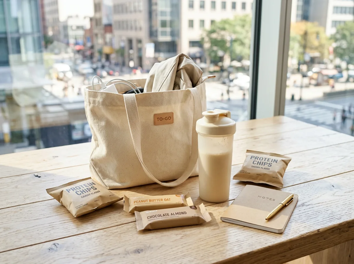Sealed protein snacks and a drink packed into a bag on a warm surface