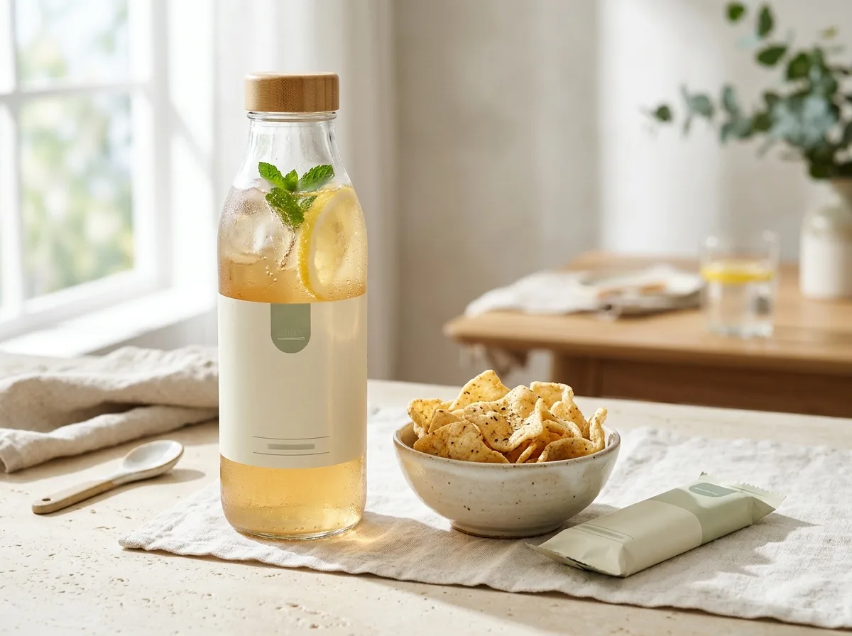 A light protein drink and lean snacks arranged in daylight