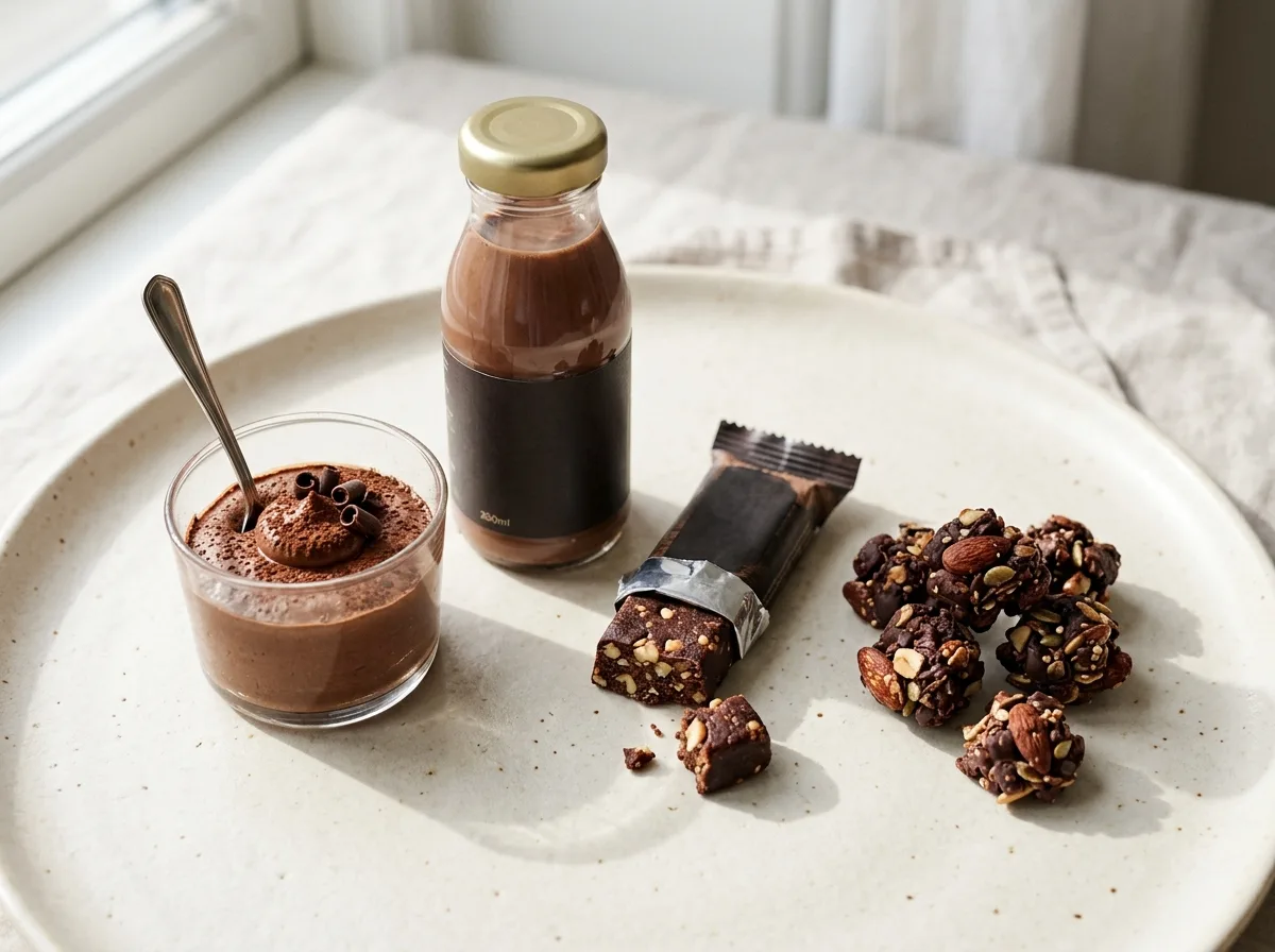 Small single-serve protein snacks and a mini drink