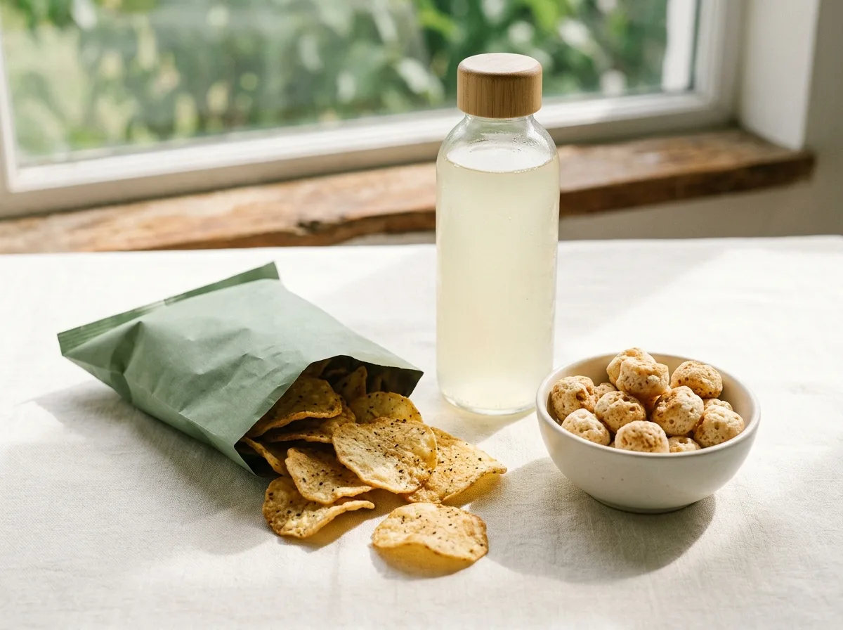 A bag of baked protein chips with light, low-calorie snacks