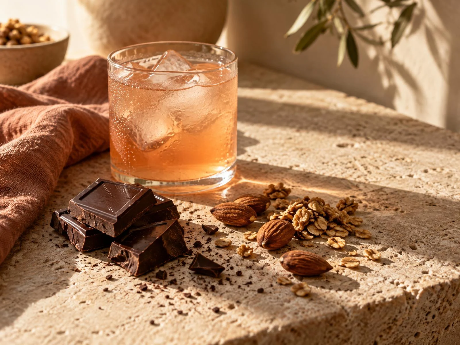 A sunlit stone ledge with dark chocolate, almonds, oat clusters and a peach-toned iced drink